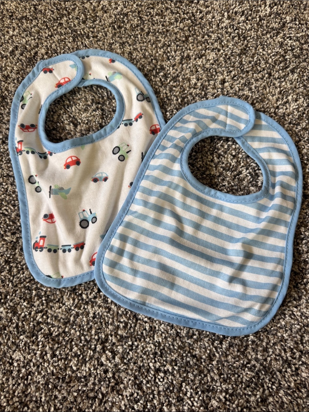 Blue Striped & Vehicle Print Baby Bibs - Set of 2